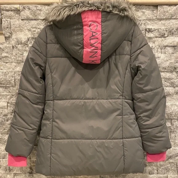 BNWT Calvin Klein Girls' Hooded Puffer Jacket Dark Grey-XL 16